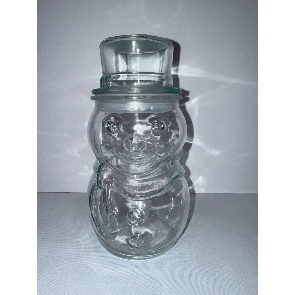 Vintage Clear Glass Snowman Canister Jar with Top Hat Lid Holiday Decor Mexico